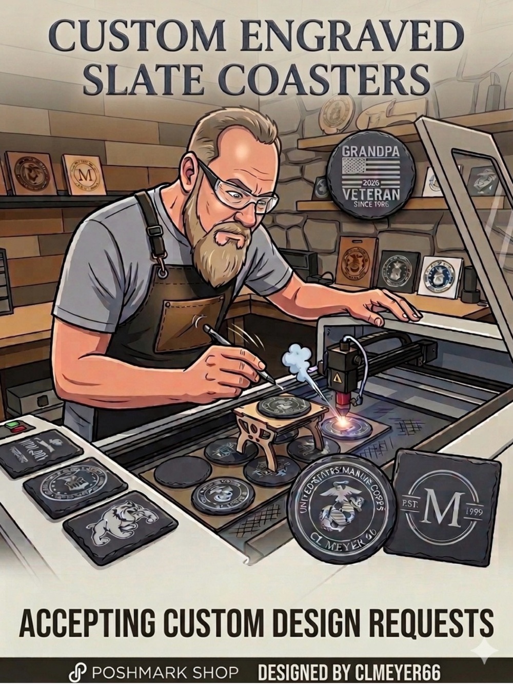 Custom Engraved Slate Coasters - Black Slate